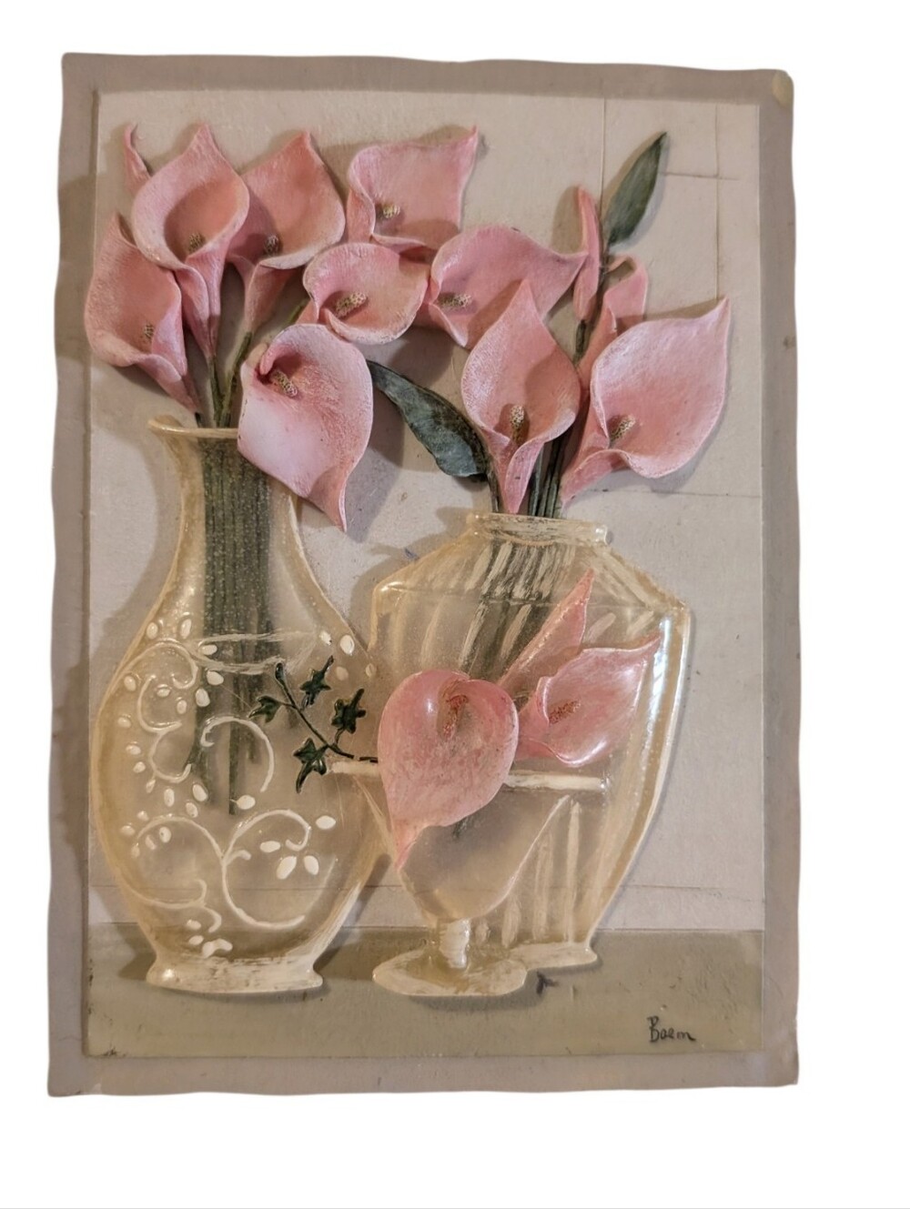 Vintage Boem Signed Floral Art Print 3D Effect Pink Calla Lilies Vases 4.5x6